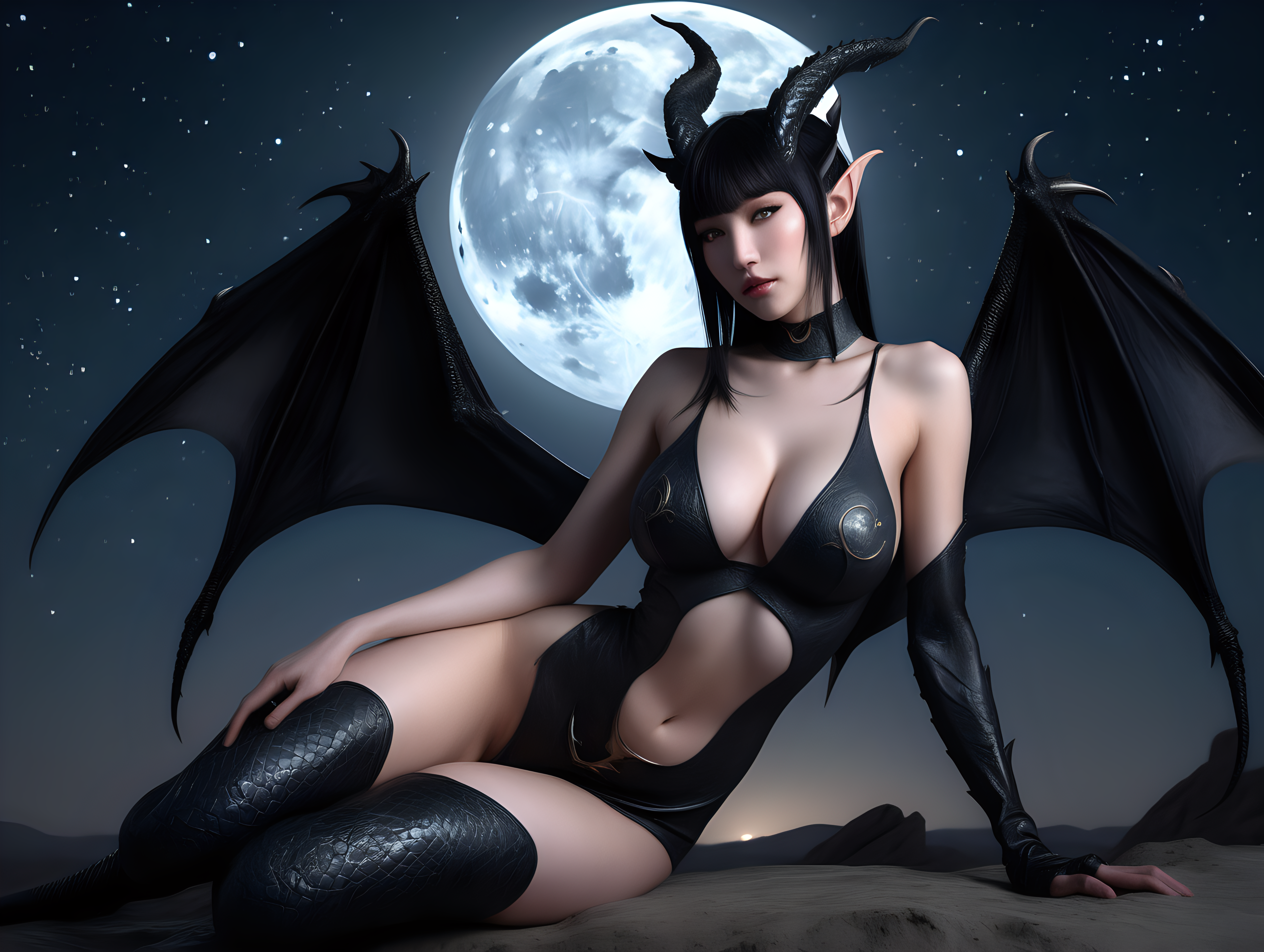 ultra-realistic high resolution and highly detailed adult film photoshoot of a slender female human dragon, with sleek pointy black horns gently swept straight backwards over head, with massive breasts, she has draconic symbols on arms and body, sitting with a starry sky and the moon in the background, looking at the camera