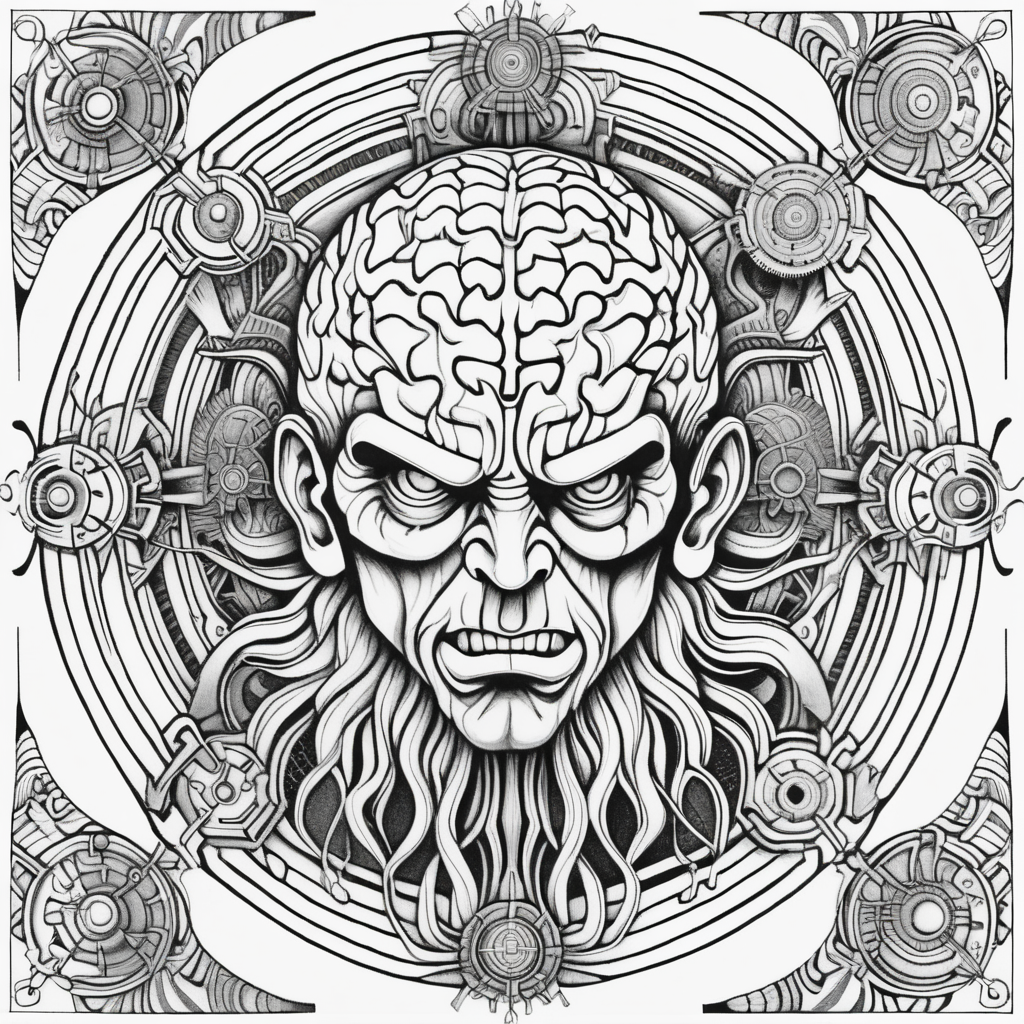 adult coloring page, black & white, strong lines, high details, symmetrical mandala, evil mad scientist with large brain