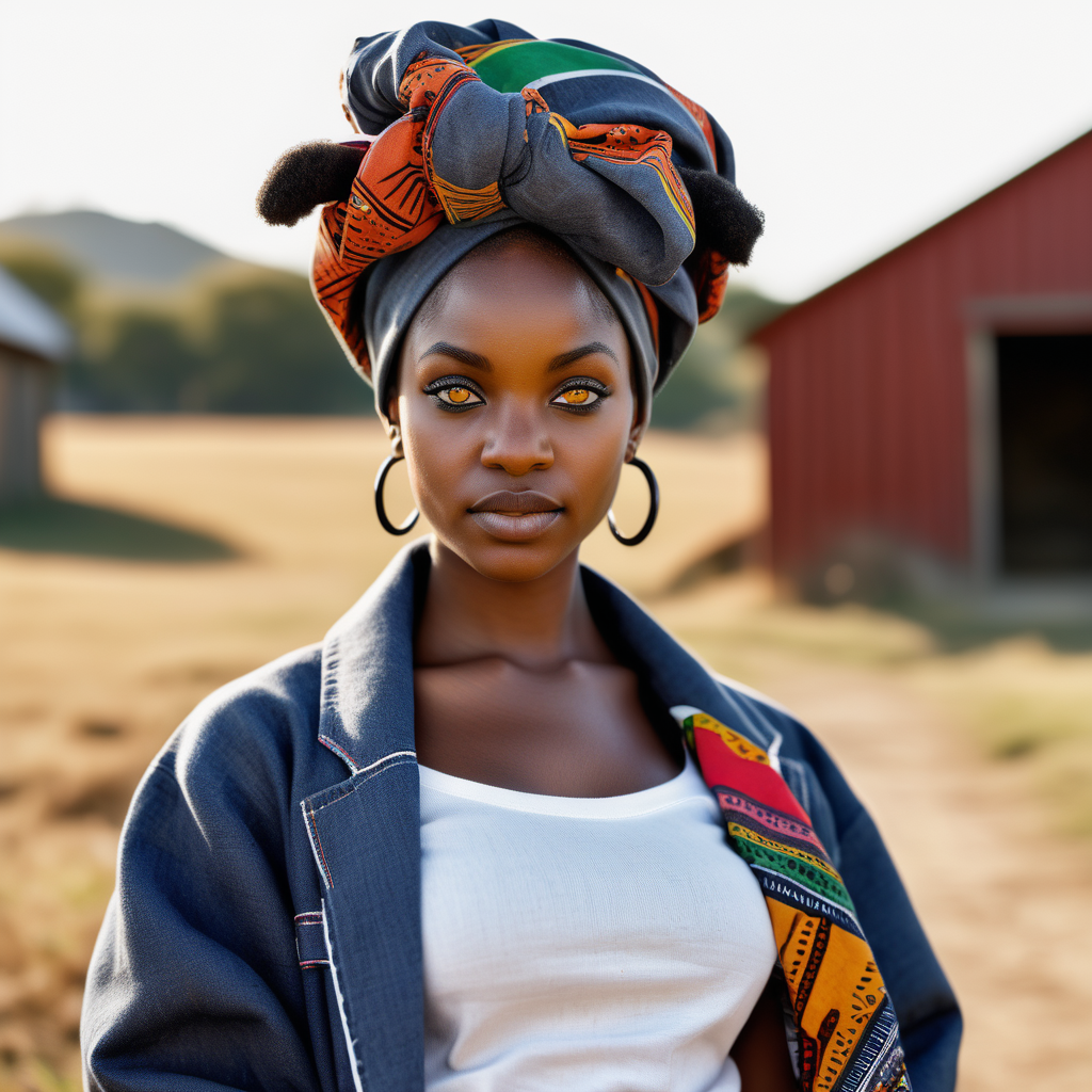 Beautiful Black woman with tribal paint on her eyes and forehead, wearing a multi color African headwrap and African print Skirt, cropped light Navy linen Barn coat with white stitching, wearing a white, selvage neck sweatshirt with a black fist on the front, wearing denim with African print material  inside the pockets,  Vibrant images that represent African heritage, In the sernegetti, looking to the left, holding a  black lamb, view looking straight at , 4k, high definition, high resolution, light source from above right