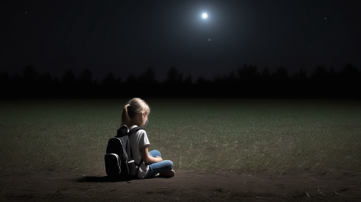 Empty field. Small white girl sitting alone. Backpak. Night time, Dark. Spot light.