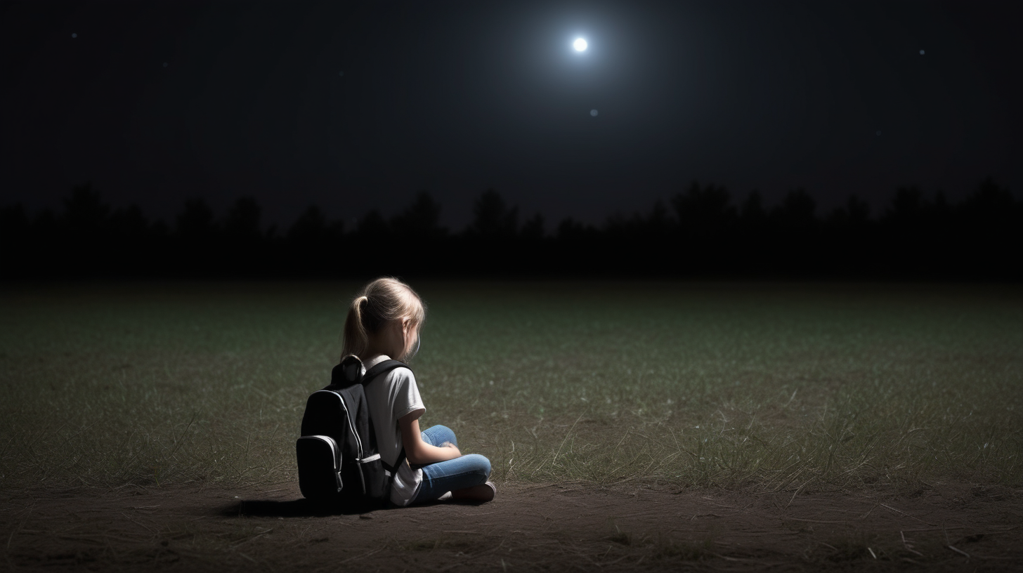 Empty field Small white girl sitting alone Backpack