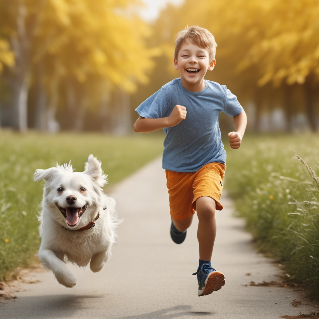 a happy boy running with a dog