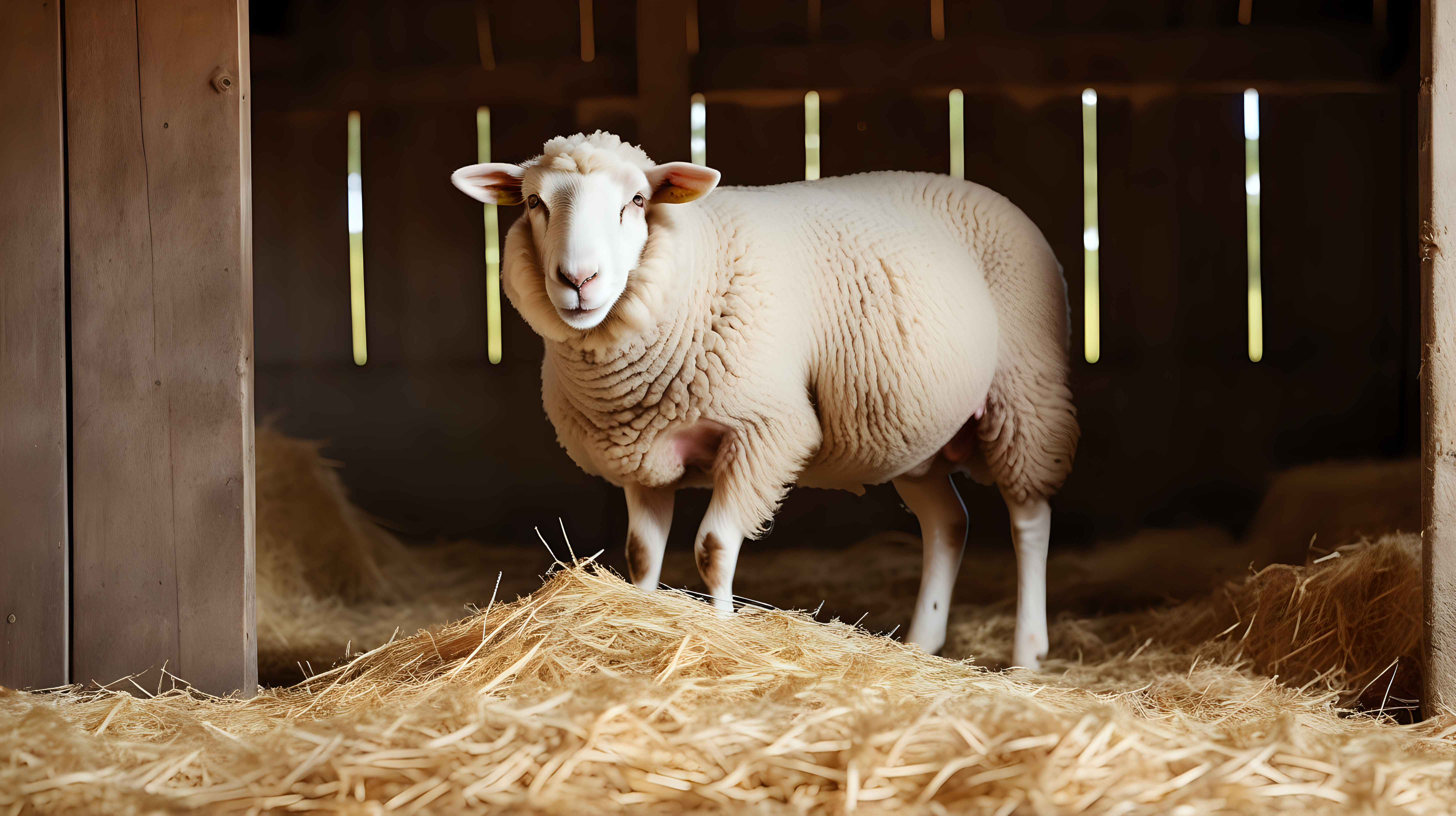 sheep eating hay in stable, farm barn, isolated on background, photo shoot
