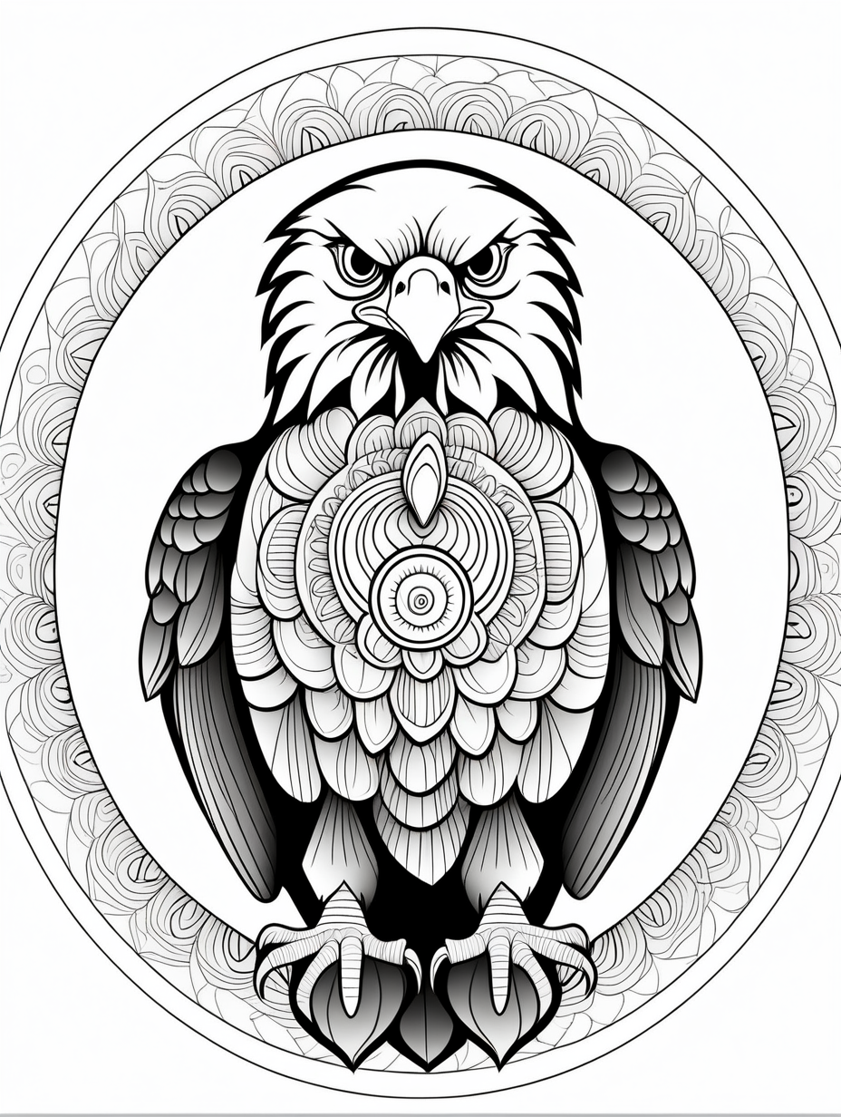 american eagle inspired mandala pattern, black and white, fit to page, children's coloring book, coloring book page, clean line art, line art, no bleed