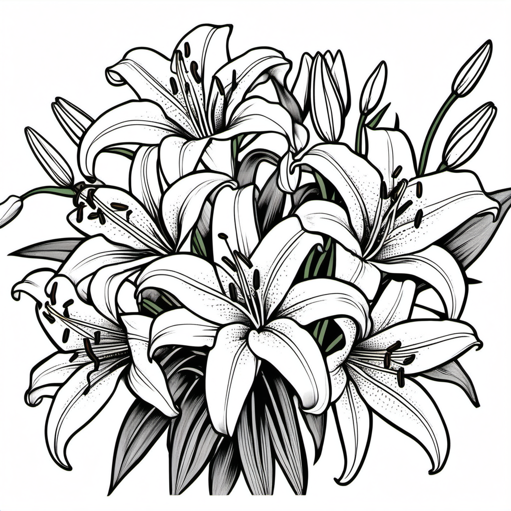 bouquet of lilies, well composed, clean colouring book page, no dither, no gradient, strong outline, no fill, no solids, vector illustration, -ar 9:11 - v 5