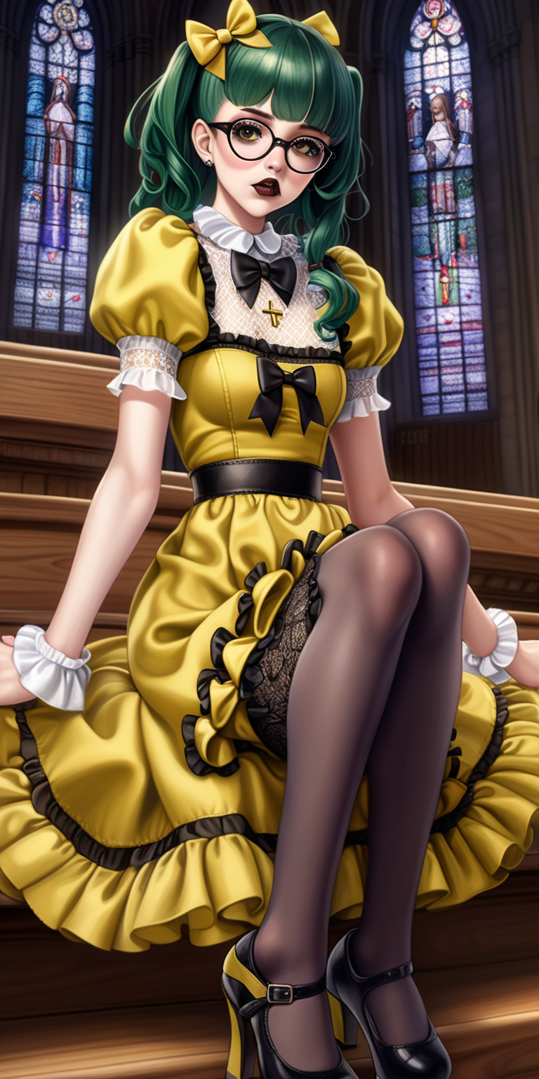 Anime woman with dark green hair and large lips with glossy dark brown lipstick and heavy makeup wearing a frilly yellow dress, black stockings, yellow heeled mary jane shoes, lots of bows and lace, wearing glasses. Nervous expression. Sitting nervously church