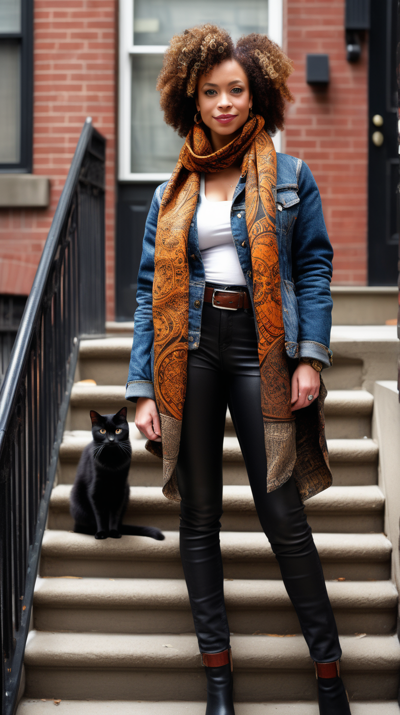 A beautiful, light skinned woman, wearing curly hair, Facing the camera, wearing an African printed scarf, wearing a Harris tweed, Levi denim jacket reimagined into a waist length, down filled jacket, with brown fur shawl collar, African printed fabric inserted in various places, wearing black leather pants, holding a Black cat, standing on the stoop of a Brownstone in Harlem NY, ultra4k, high definition, hyper realistic