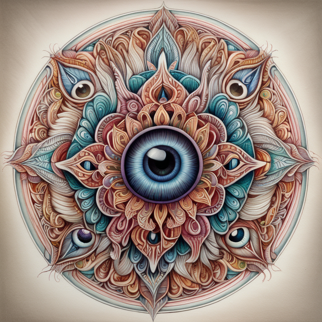 realistic colors, clear lines, detailed, symmetrical mandala, grotesque eyeballs