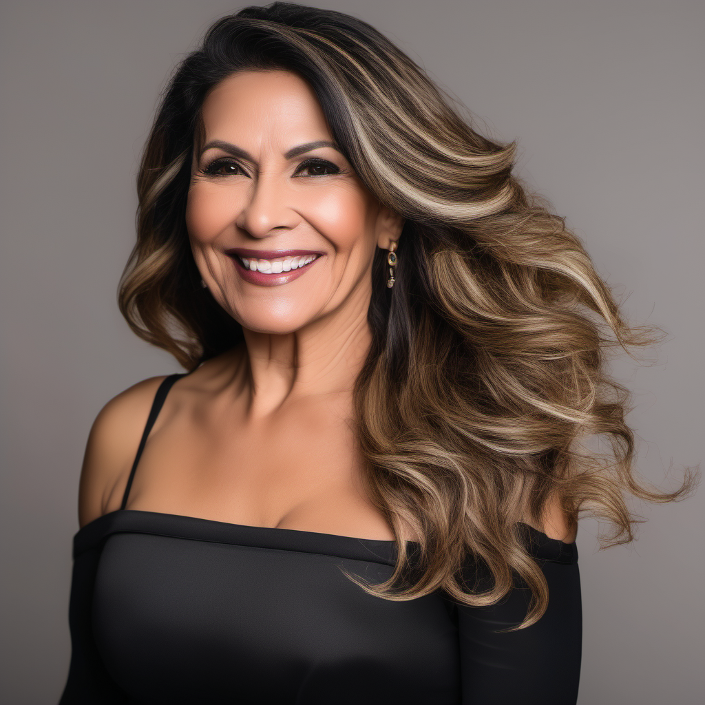 photoshoot of a mid-aged Latina female model in beautiful balayage hair posing and smiling in black upscale attire