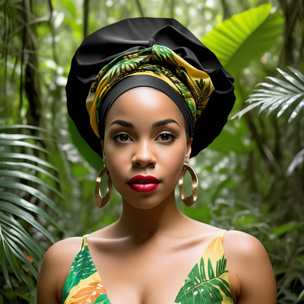  image of a black American biracial  large female wearing gele on head  in middle
Of a jungle 