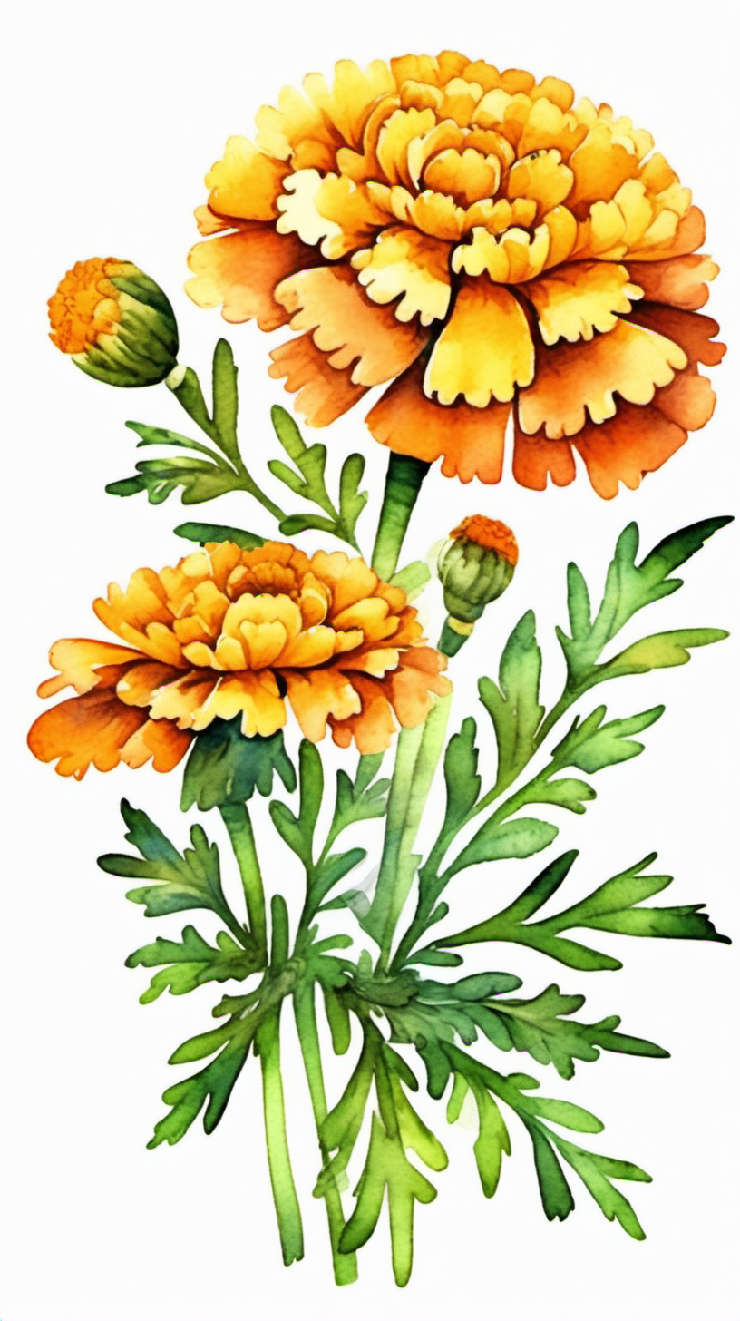 one Marigold, folk art style, festive mood, bright lighting, watercolor 
colorful clip art illustration, high detail, white background