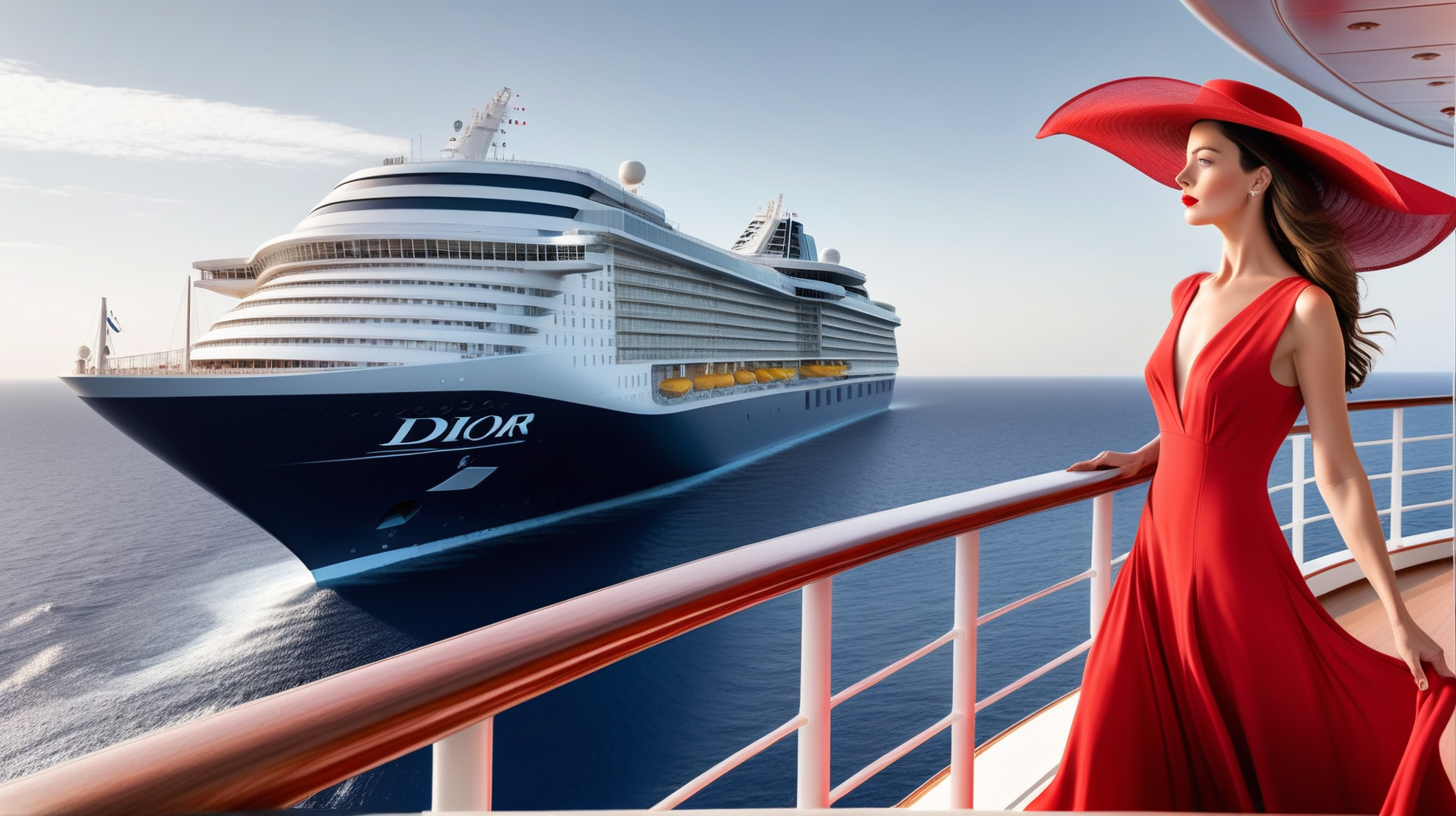 The largest cruise ship in the world is moving at full speed across the endless ocean, and the brunette woman wearing a long red dress from Dior and in stylish hat stands on the upper deck  of a cruise ship and looks into the distance  