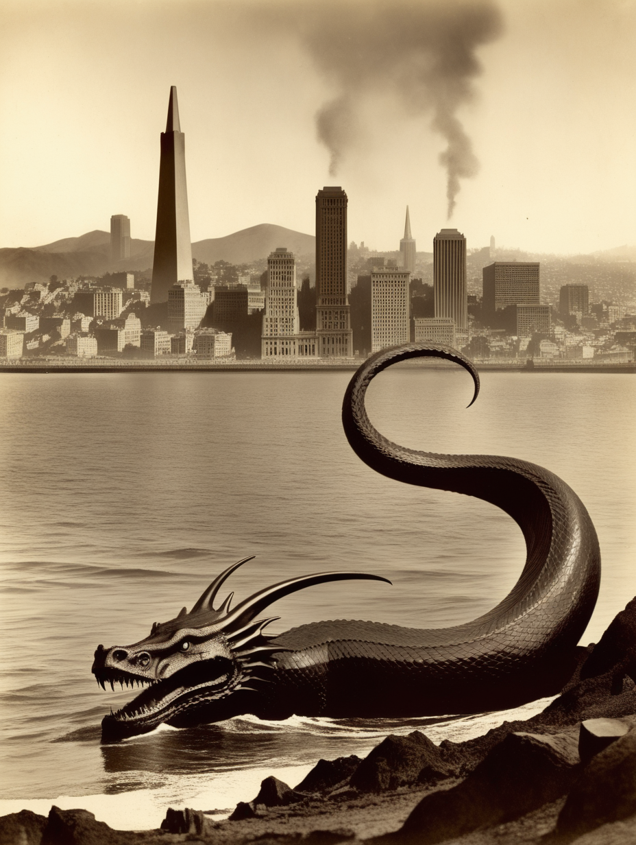 3 horned sea serpent destroying 1900's San Francisco skyline