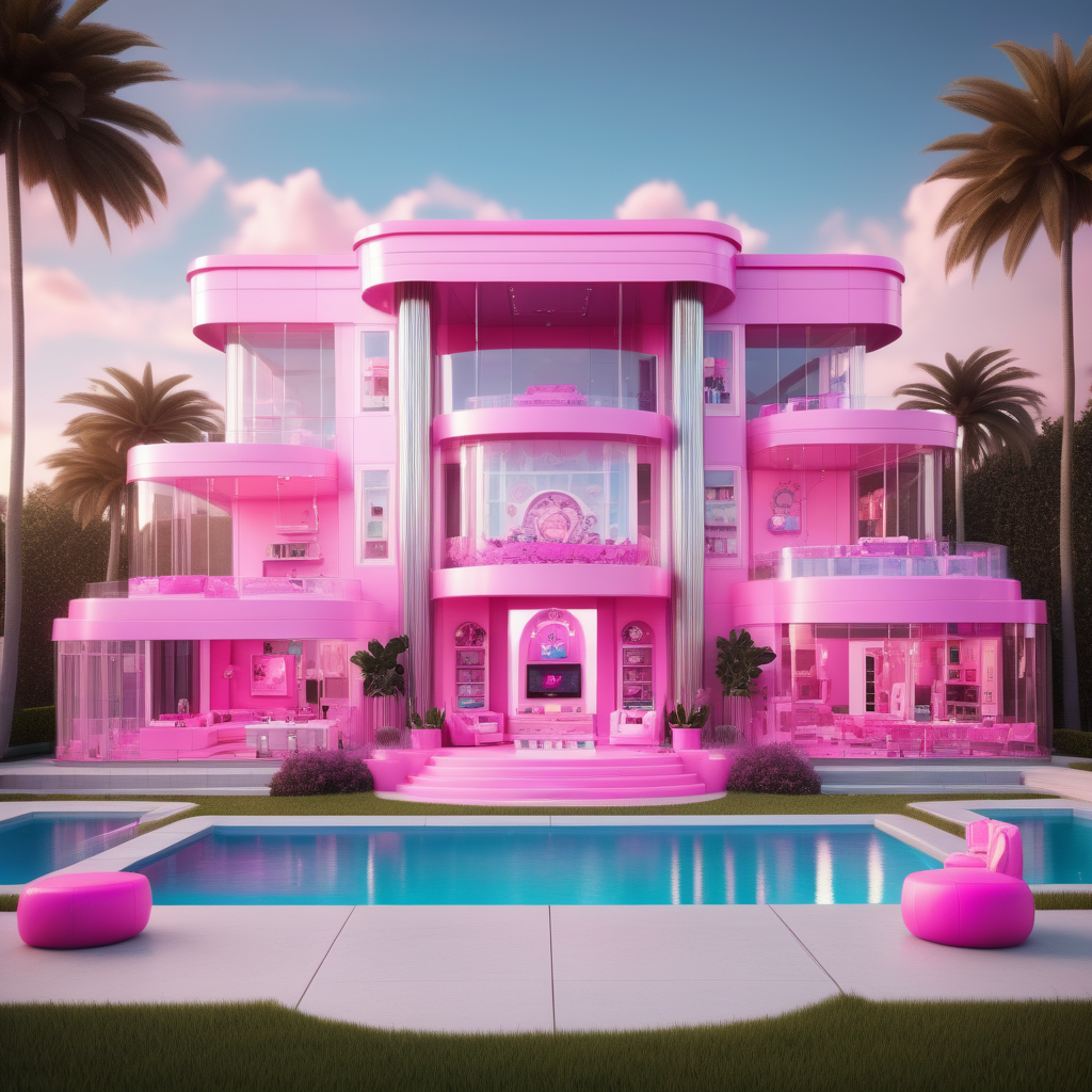 hyperrealistic of a modern Barbie inspired mansion