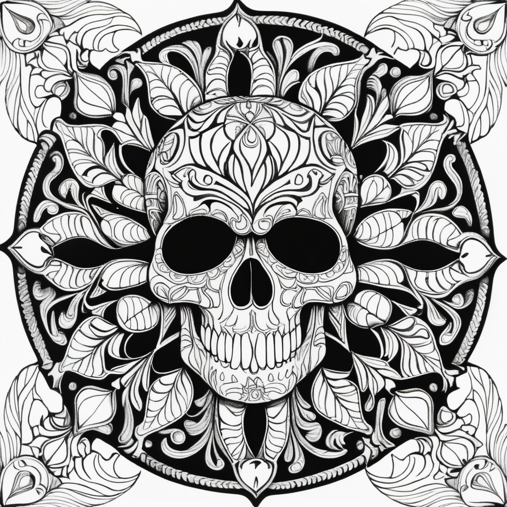 adult coloring book, vibrant colors, clear lines, detailed, symmetrical mandala made of skulls