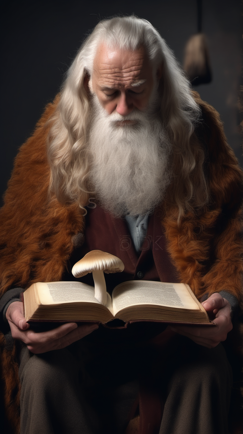 ancient book with a lions mane mushroom in it being read by an old man 4k