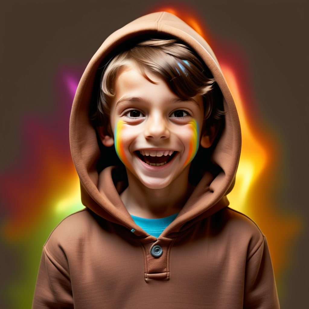 Happy 7 year old brunette boy with a colourful aura, wearing a brown hoodie



