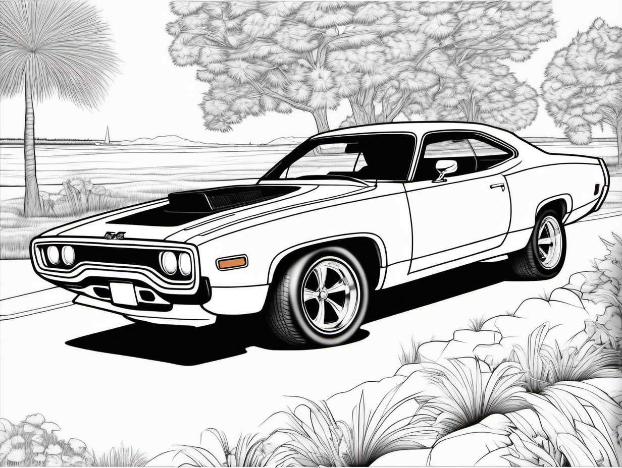 coloring page for adults, classic American automobile, 1971 Plymouth Road Runner, clean line art, high detail, no shade