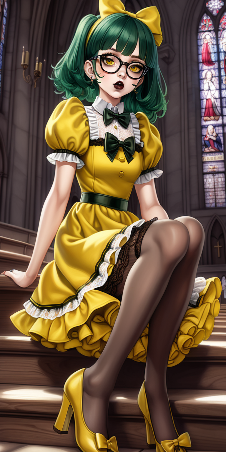 Anime woman with dark green hair and large lips with glossy dark brown lipstick and heavy makeup wearing a frilly yellow dress, black stockings, yellow heeled mary jane shoes, lots of bows and lace, wearing glasses. Nervous expression. Sitting nervously church