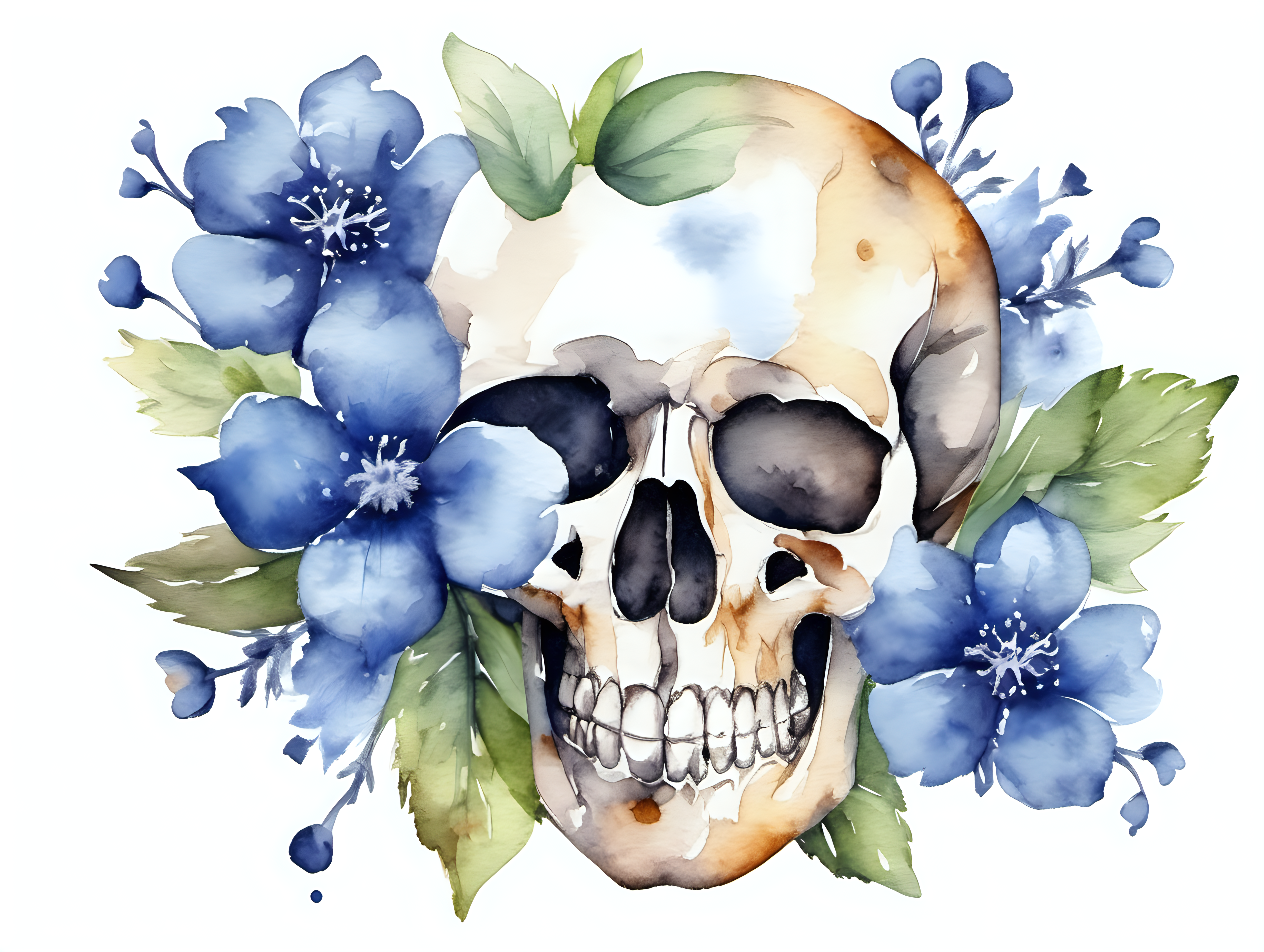 skull with cornflower blossom in the style of watercolor, on a white background