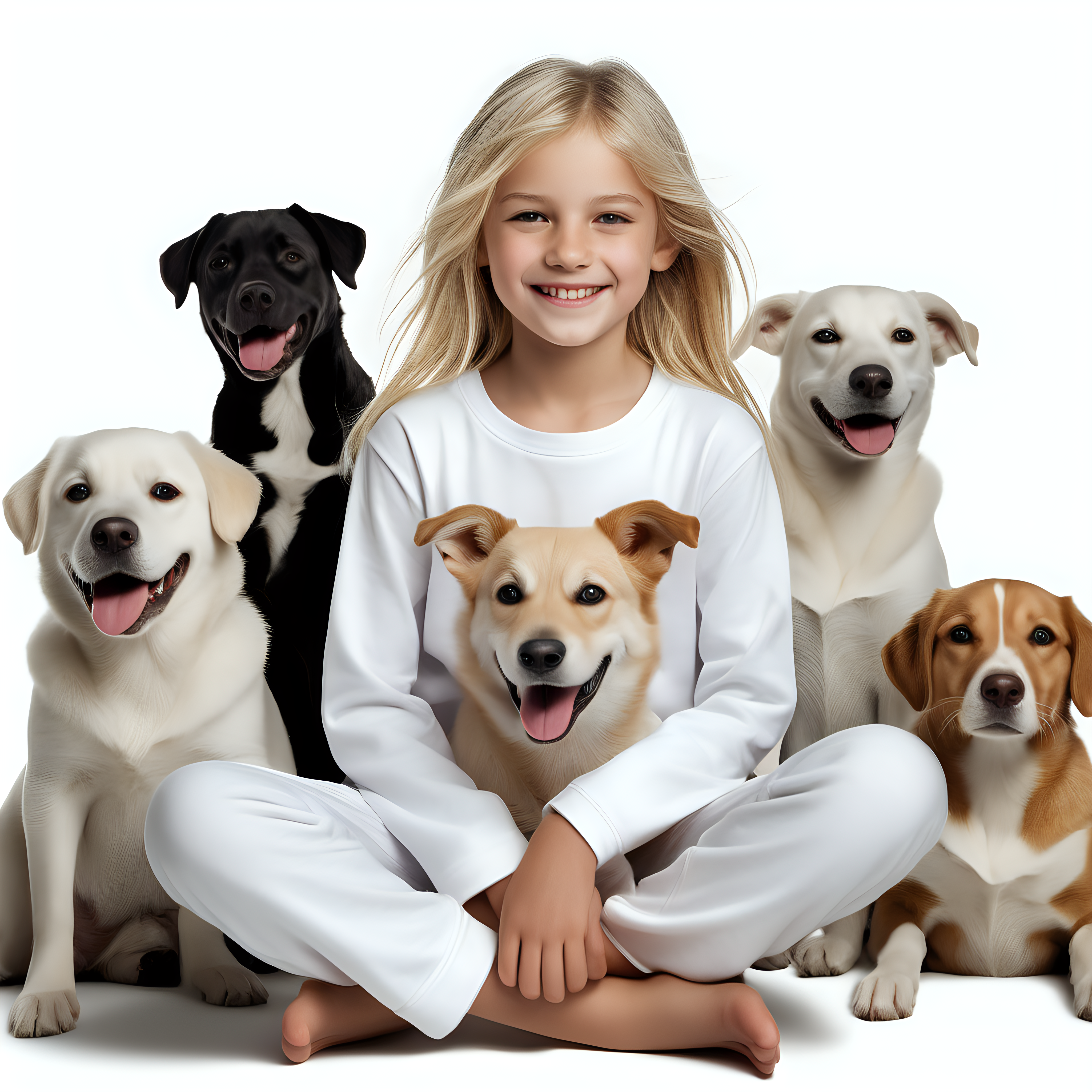 “Perfect Facial Features photo of a blonde smiling 10 year old girl sitting surrounded by dogs, in  white cotton tshirt pyjama (no print, long  tight cuff sleeves, loose long pants) , no background, hyper realistic, ideal face template, HD, happy, Fujifilm X-T3, 1/1250sec at f/2.8, ISO 160, 84mm”