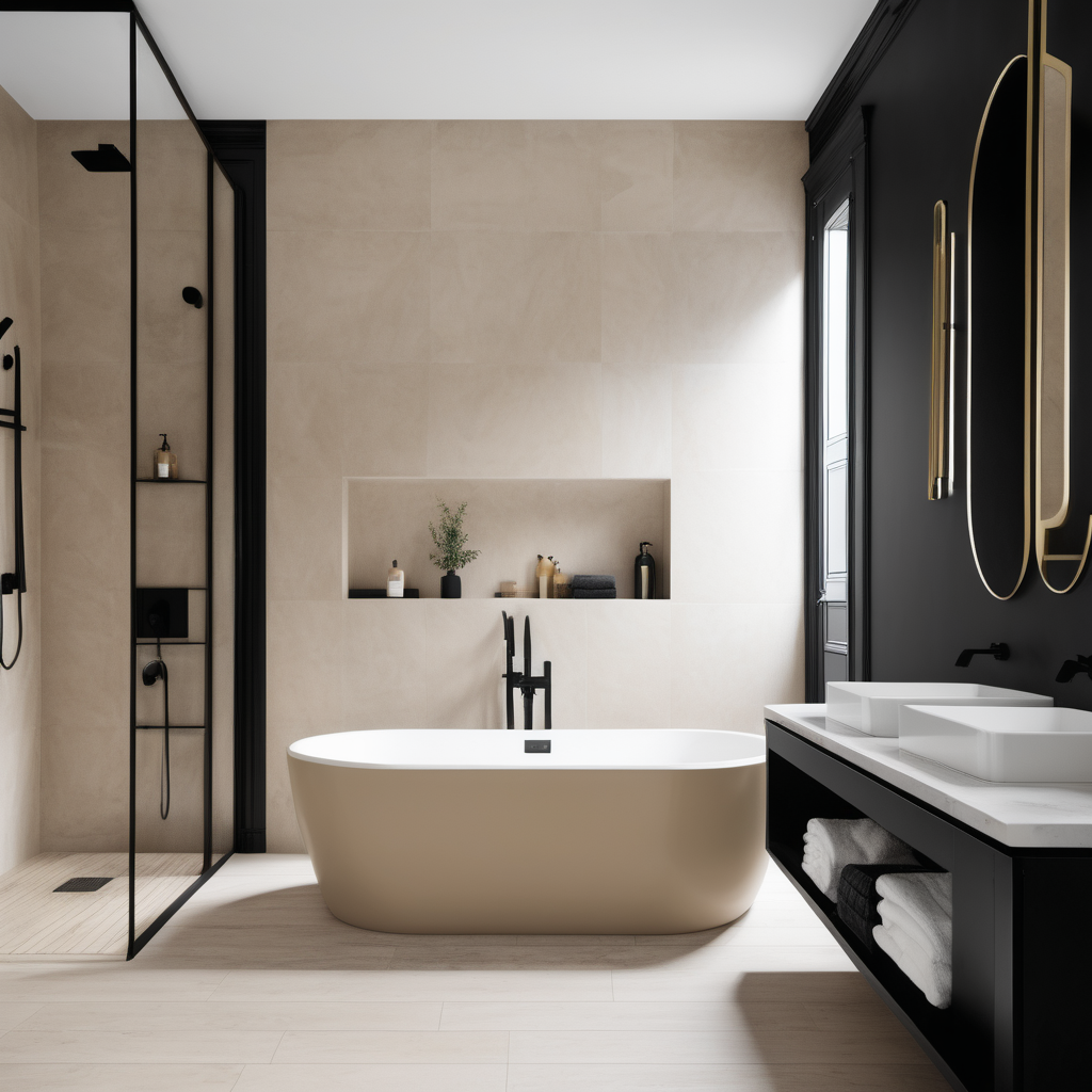 a hyperrealistic of a sunken bathtub in a modern Parisian bathroom in a beige oak brass and black colour palette
