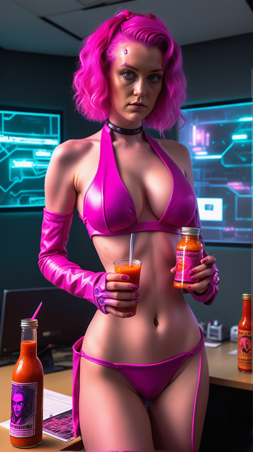 bikini Amilyn Holdo with pink hot sauce in cyberpunk conference room