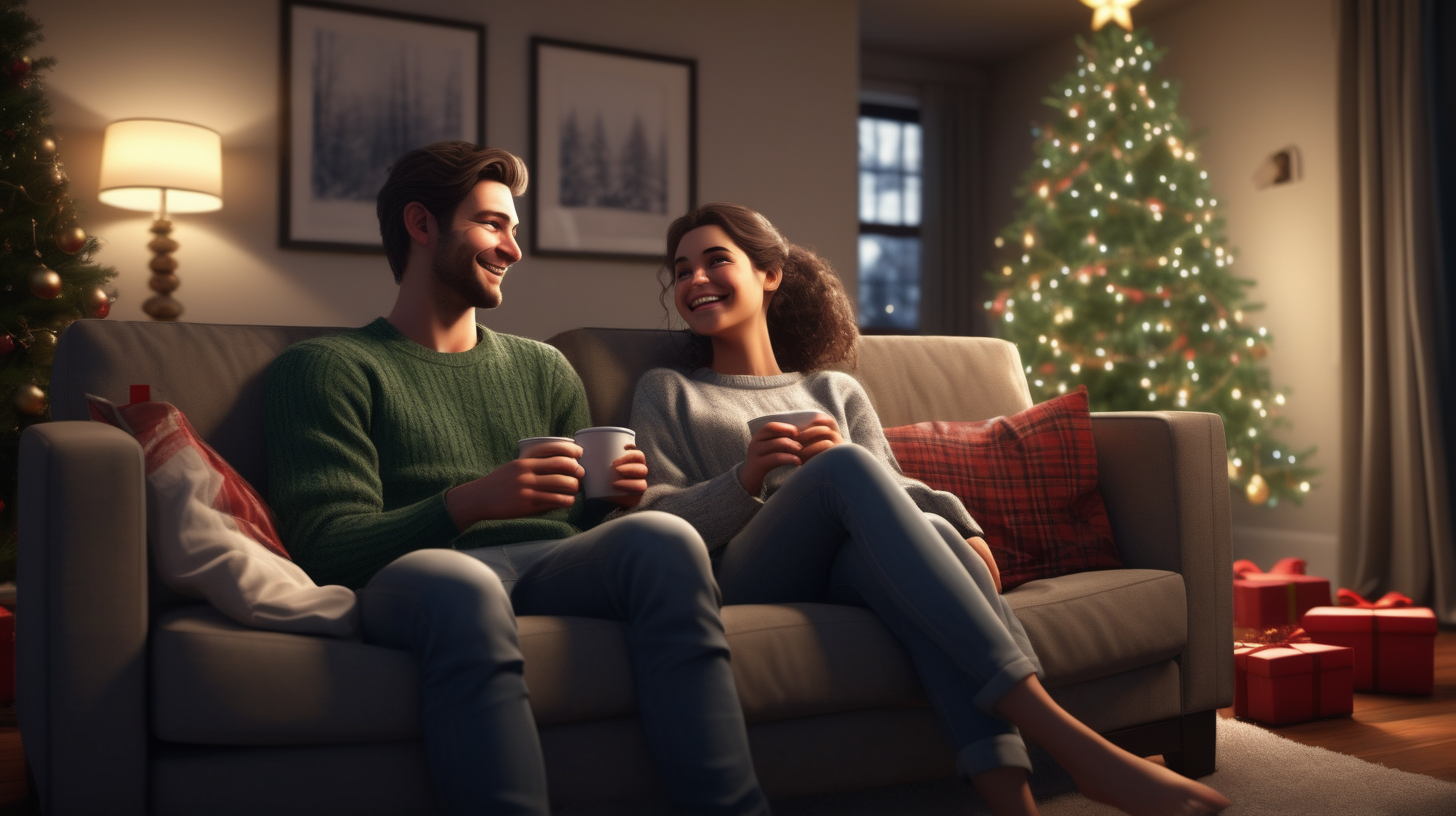/imagine prompt: realistic, personality: [Illustrate a couple sitting on a comfortable couch, engrossed in a movie. The room is dimly lit, with the glow of the Christmas tree casting a soft light on them. They both have smiles on their faces, enjoying each other's company and the festive movie playing on the television. Their body language and expressions show relaxation and contentment] unreal engine, hyper real --q 2 --v 5.2 --ar 16:9