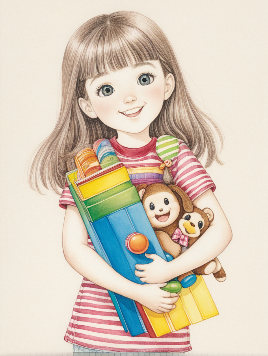 The cover of abook, width 17.43 inches and length 11.25 inches. A drawing of a girl holding a toy while she is happy, with all the colors and shading in it.