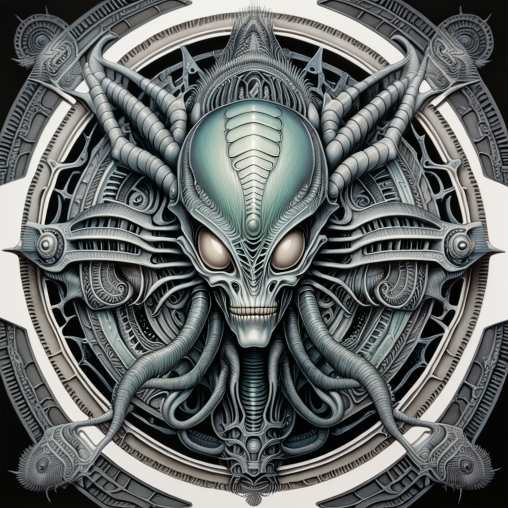dull colors, clear lines, detailed, symmetrical mandala, alien queen in style of H.R Giger