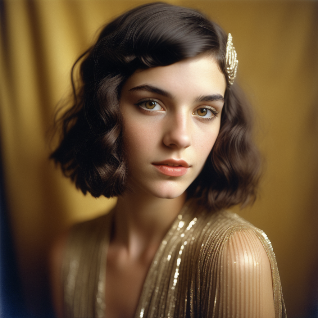 Erstelle ein fotorealistisches halbtotales Portrait Bild eines 25-jährigen brünetten Models, das mit Kodak Gold 400 Film aufgenommen wurde.  Sie soll dabei im Stil der 1920er Jahre gekleidet und frisiert sein.