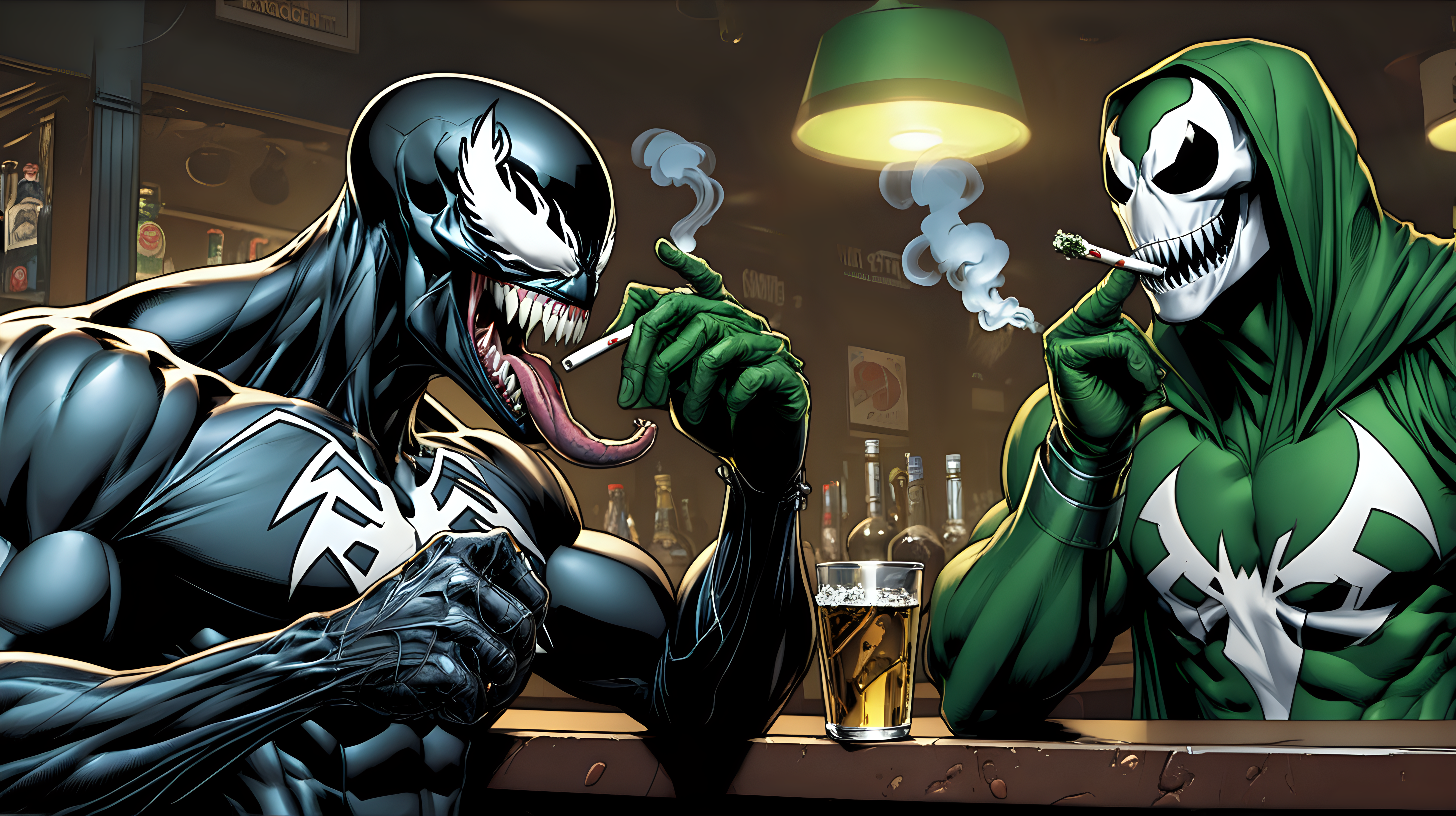 Venom smoking a joint at a bar with Dr Doom