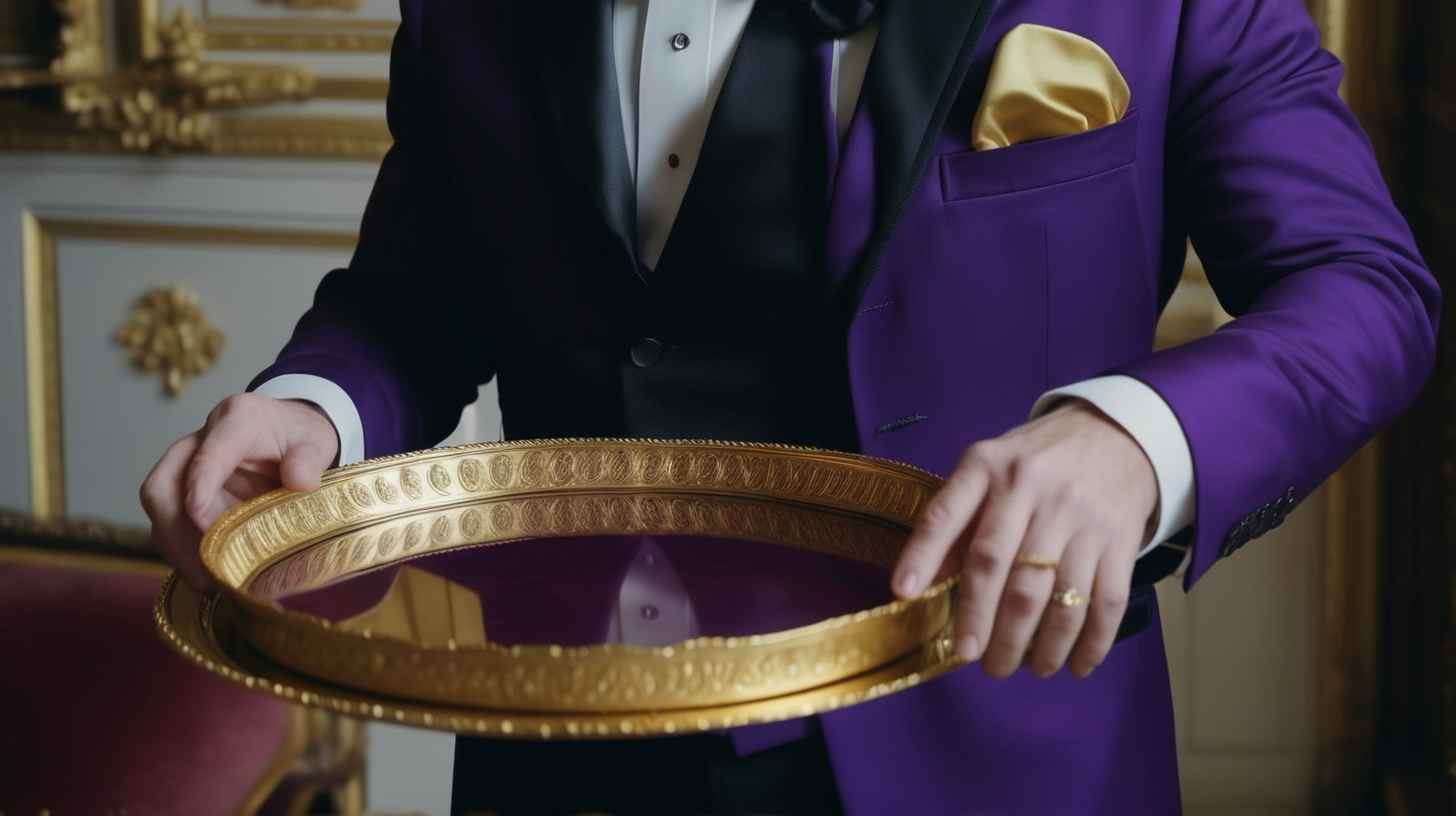 Butler in purple suit holding golden serving tray, in royal castle, close up on hands wearing rings