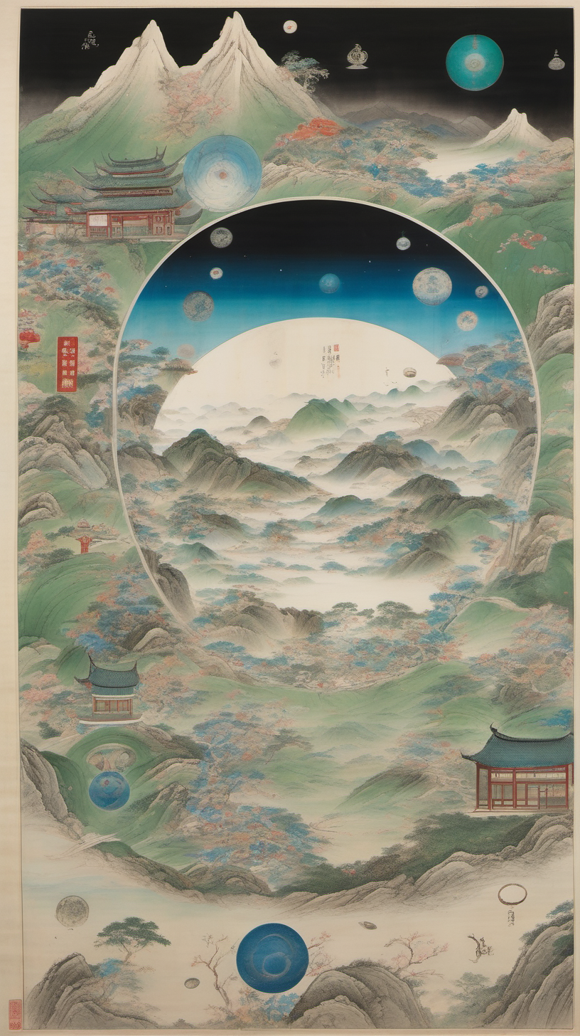 chinese gongbi drawing, with other worldly scenery, cosmos,  blackhole, traversable wormhole, quail eggs, greenblue mountain, underground