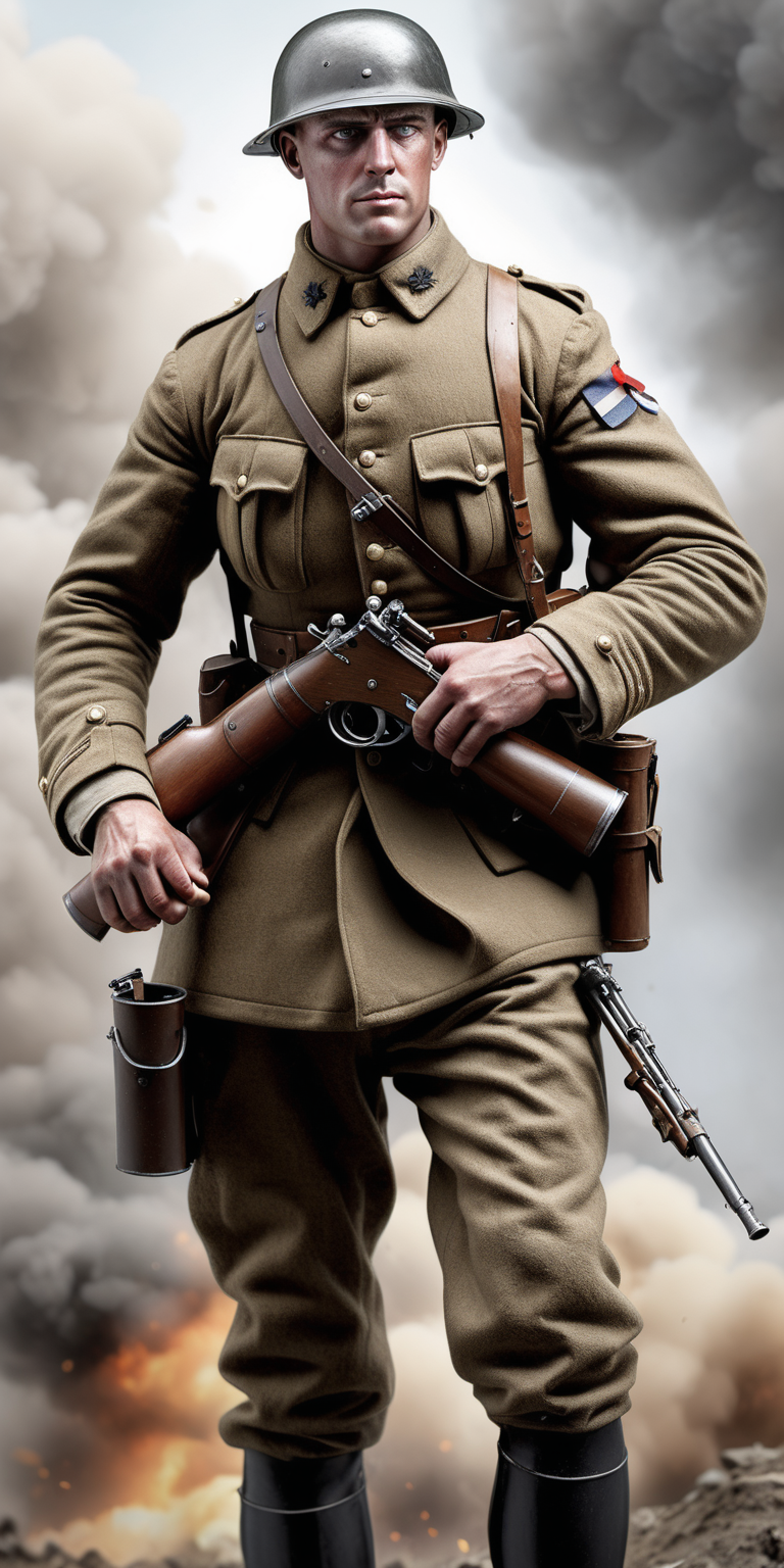 Realistic WW1 muscular soldier with a Lewis gun