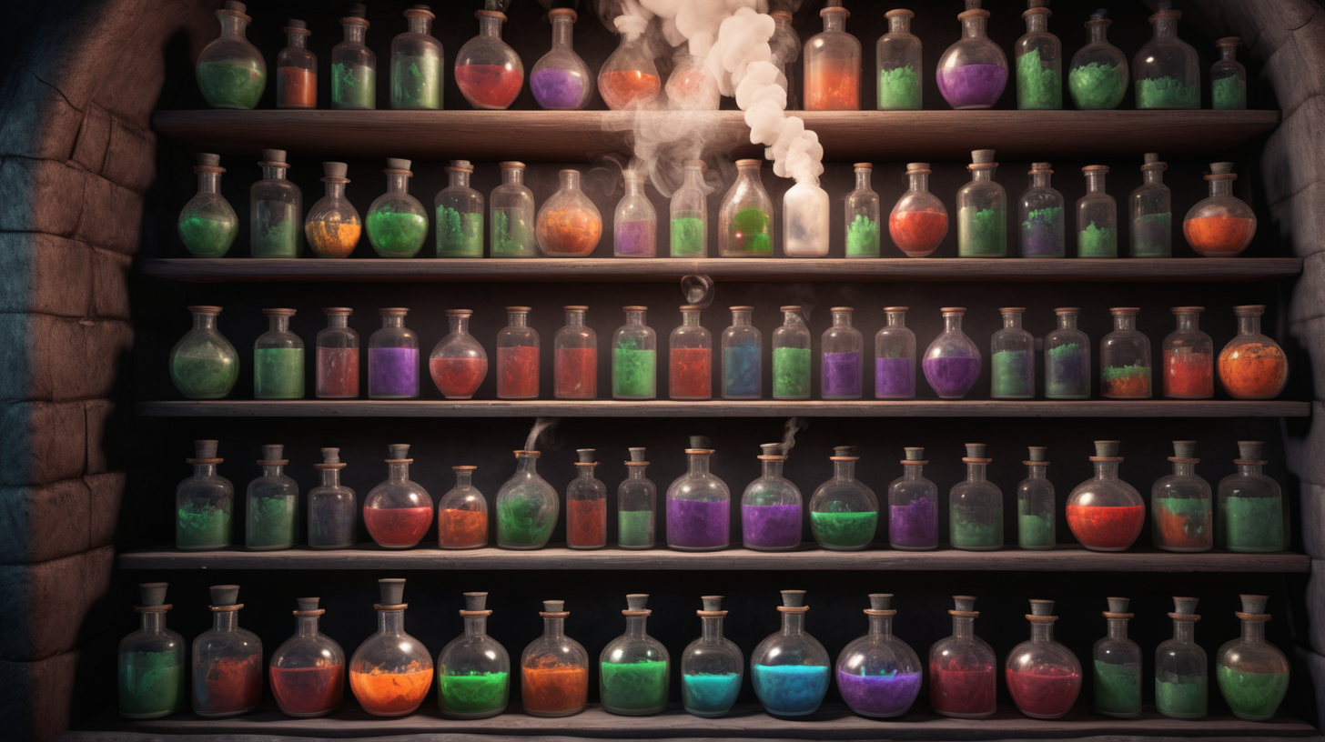 shelves full of potions with smoke