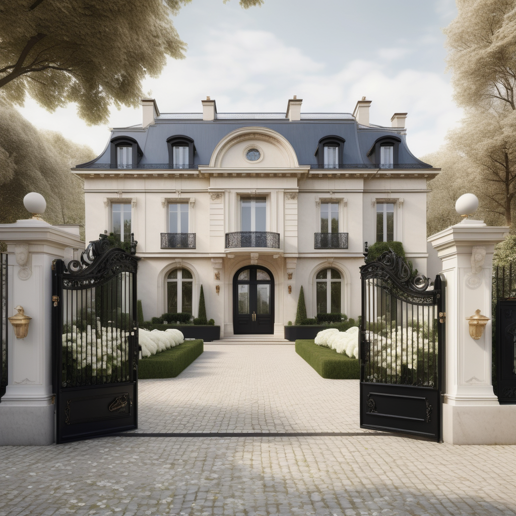 a hyperrealistic of a grand modern Parisian estate home from the outside with a great wide cobblestone driveway with black wrought iron gates,  a white Rolls Royce Phantom in the driveway and grand gardens of white flowers in a beige oak brass colour palette --no visible homes nextdoor
