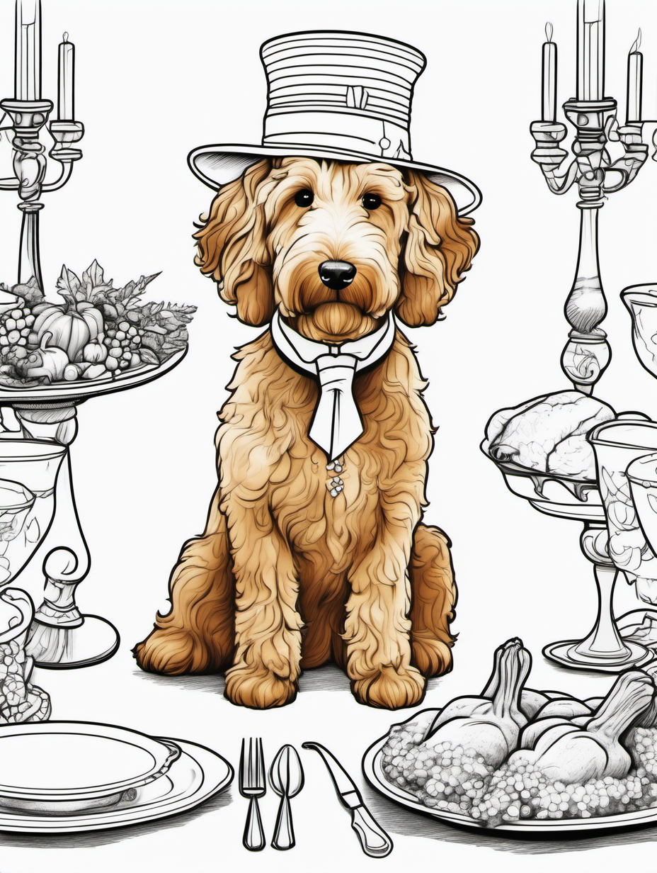 A cute female goldendoodle at a whimsical thanksgiving