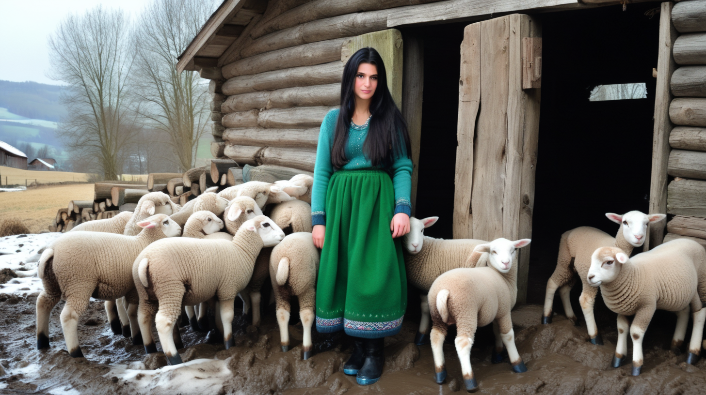 Winter and many snow and mud.
Hot girl with green eyes and long black hair living in village. Wearing traditional turkish clothning in dark colors - shalvar, knitted shirt, knitted bodice over it, felted short bodice without sleves, brown knited socks, knitted slippers and short to ankle rubber boots. Work in mud and cold outside old wooden house and barn full with lambs. Near wood for stove.
