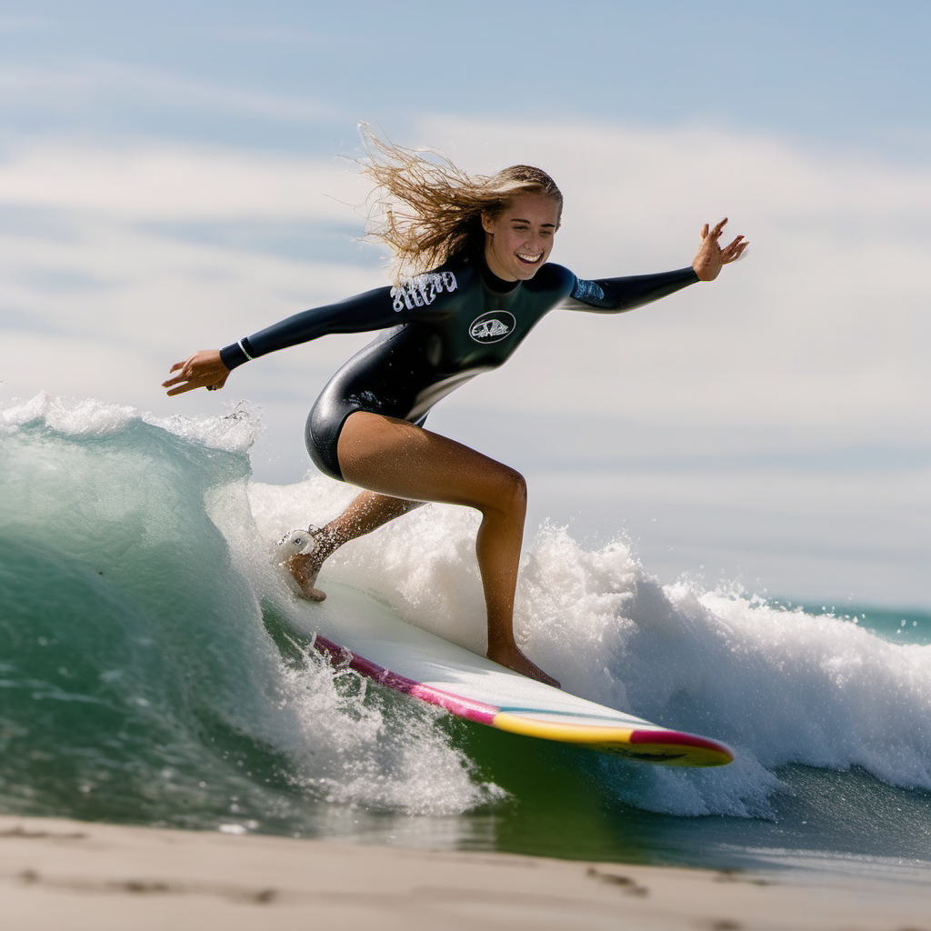 Emily Feld surfing the waves at the beach
