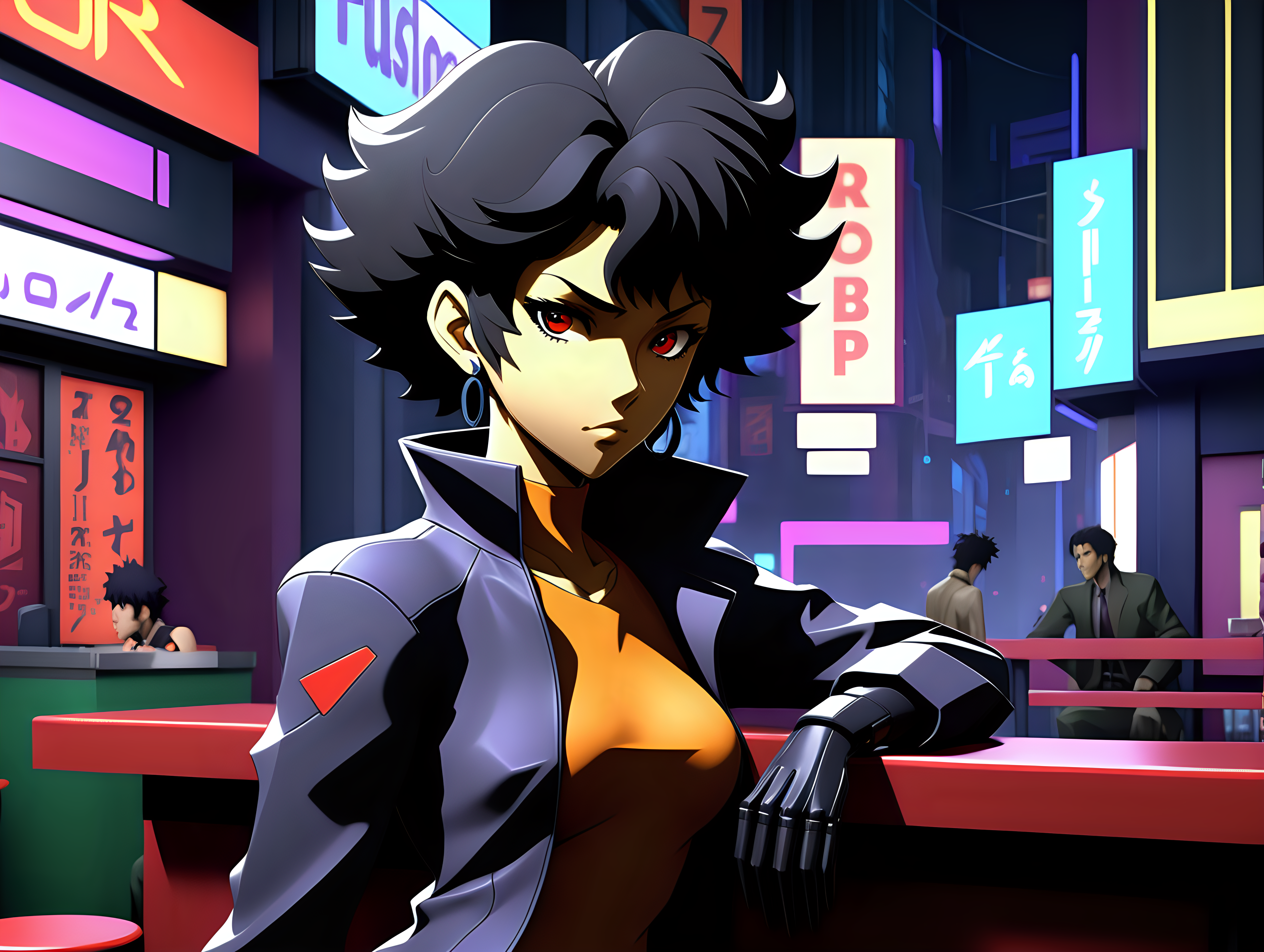 Generate concept art for a JRPG with a jazz-infused soundtrack and an aesthetic inspired by Persona, Cowboy Bebop, and Akira. The scene should prominently feature a main woman character in the front, along with supporting characters, in a vibrant urban environment, specifically in a futuristic bar or nightclub with elements of futuristic technology and a touch of noir.

Incorporate smooth low-poly graphics reminiscent of the PS1 era, capturing the essence of classic JRPGs. The art style should draw inspiration from the stylish and dynamic visuals of Persona, the gritty cyberpunk atmosphere of Akira, and the jazzy, adventurous feel of Cowboy Bebop. Set the scene in a bustling city with neon lights, futuristic architecture, and a jazz club or district.

Highlight the main and supporting characters in a way that reflects their personalities and the overall tone of the game. The soundtrack should evoke the soulful and improvisational spirit of jazz, setting the mood for the JRPG adventure.

Embrace the fusion of futuristic technology, jazz influences, and the captivating aesthetics of Persona, Cowboy Bebop, and Akira, delivering a visually stunning and immersive concept for a JRPG with a futuristic bar or nightclub background, prominently featuring the main character in the front.