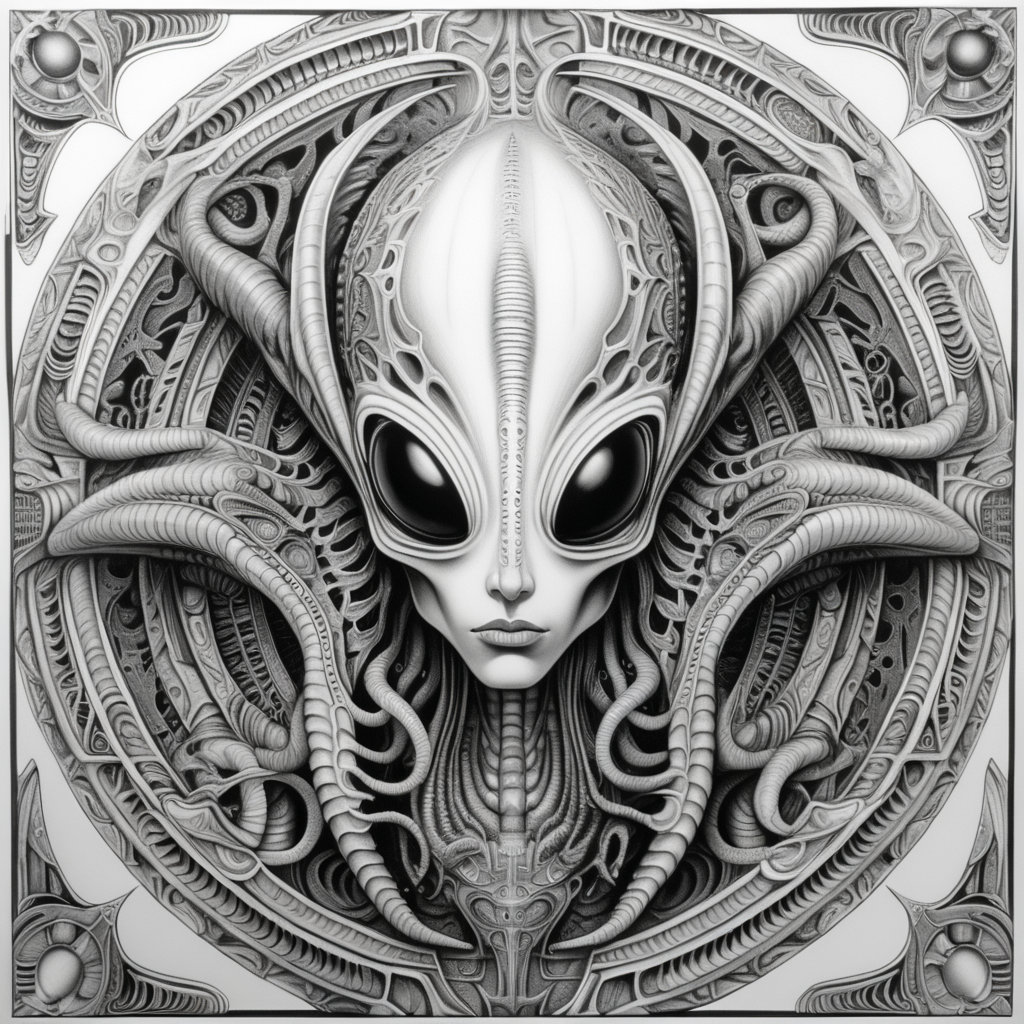 adult coloring book, black & white, clear lines, detailed, symmetrical mandala, queen alien in style of H.R Giger