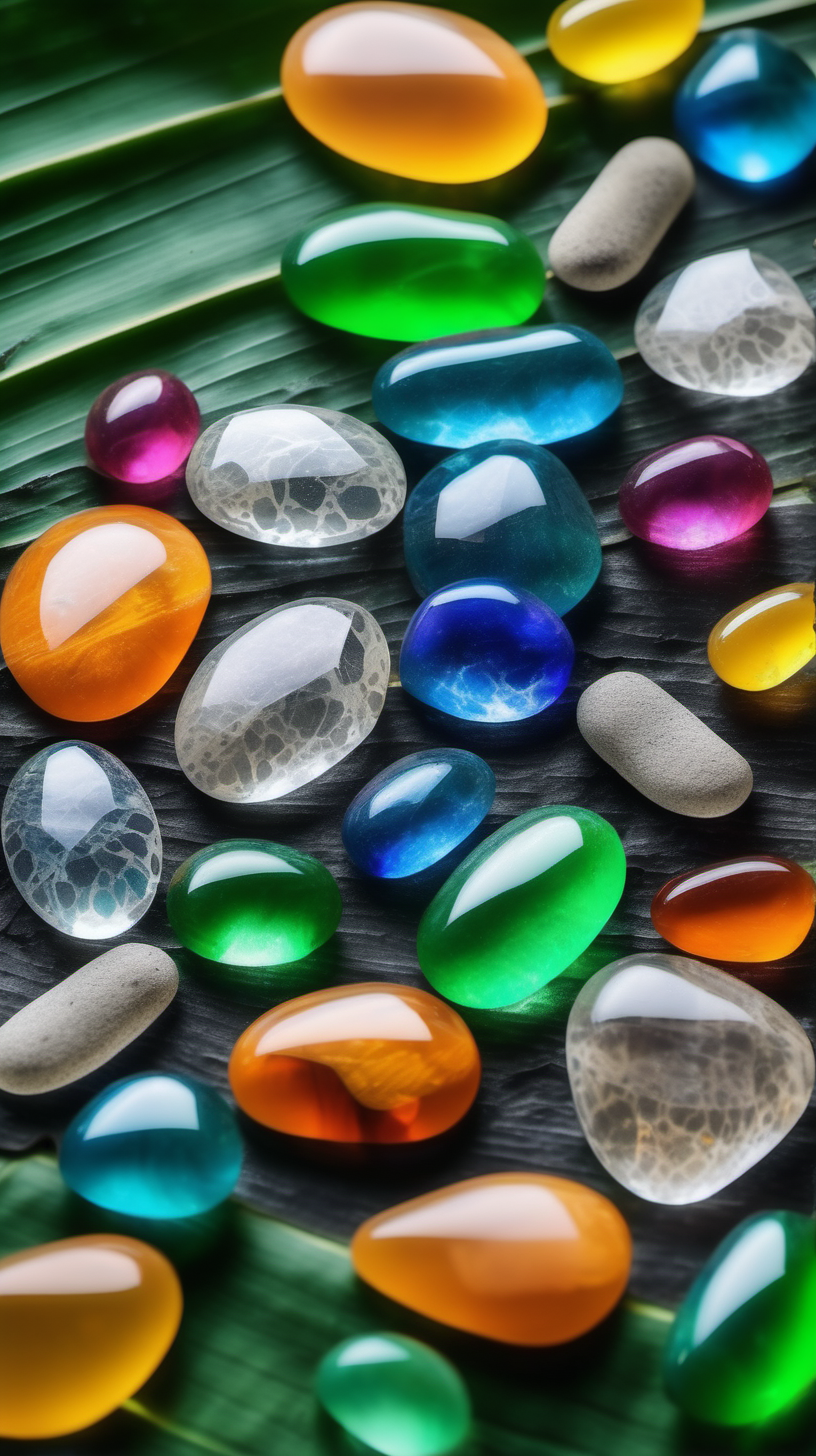 Transparent Colorful Stones on Banana Leaves
