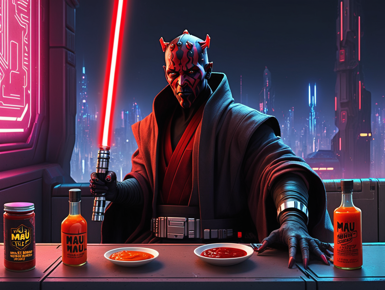maul loves hot sauce in cyberpunk terrace with