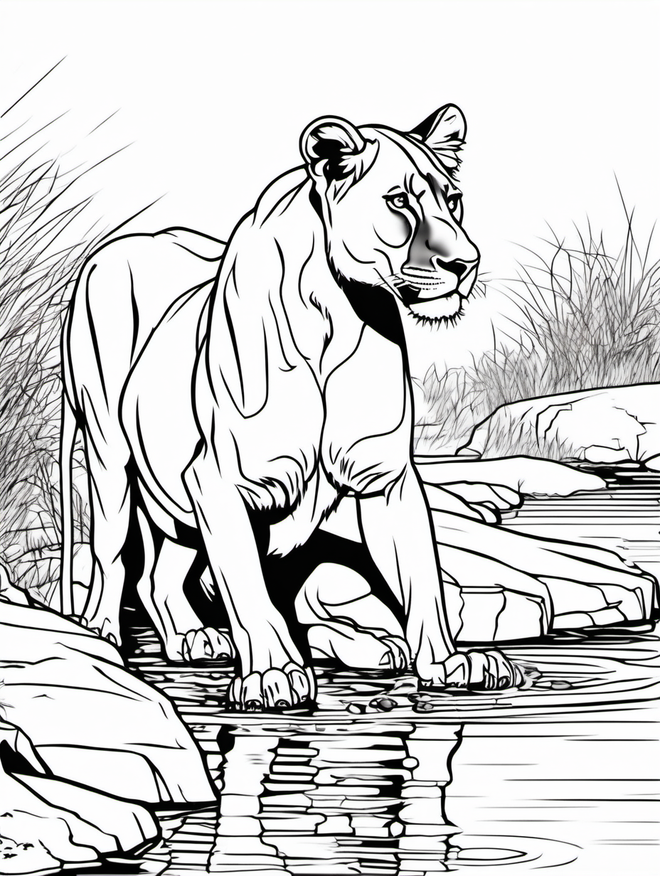 lioness drinking water, coloring page, low details, no colors, no shadows