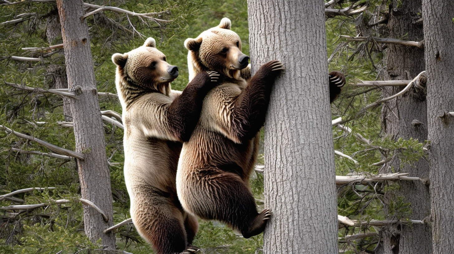 2 grizzly bears climbing a tree