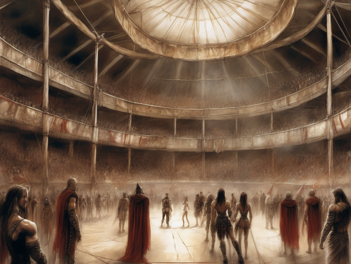 genera una ilustración de fantasía, estilo Luis Royo, del interior de un circo romano nuevo, con las gradas llenas de gente




