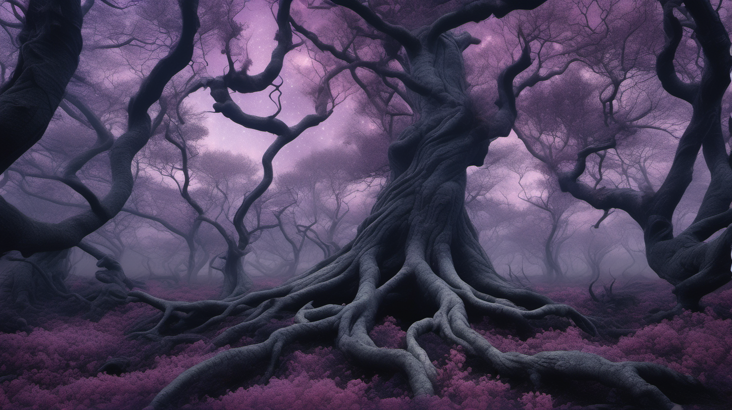 a surreal image of a dark ancient forest with clear view of the magical celestial universe with hues of lavender and rose