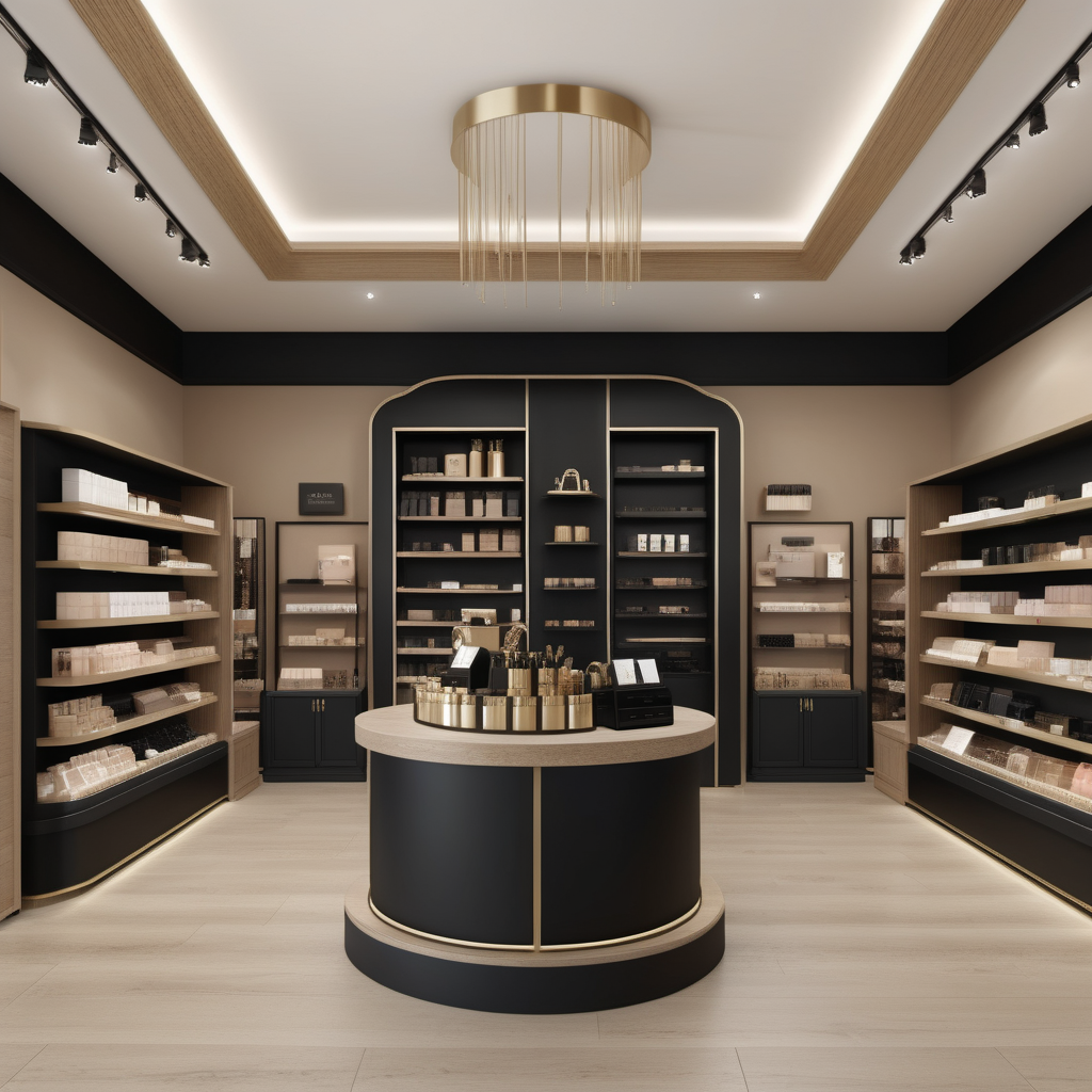hyperrealistic image of an elegant beauty store interior in a beige, oak, brass and black colour palette