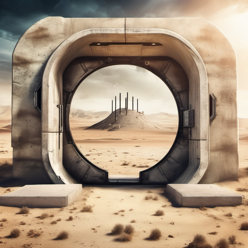 futuristic bunker with concrete portal with posts apocalyptic desert background through portal